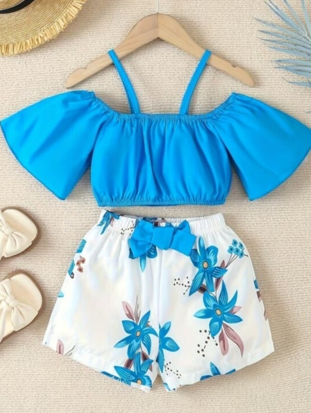 Girls Bright Blue Off-Shoulder Crop Top & Floral Shorts Set Size 7